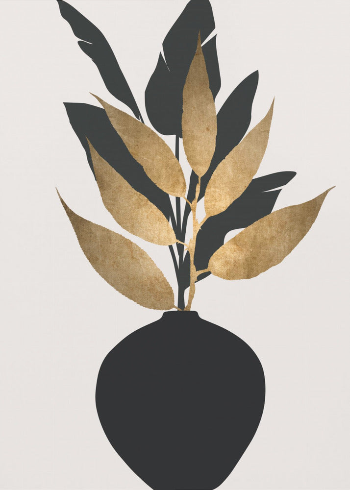A minimalist framed artwork featuring a black vase holding a plant with both black silhouette leaves and textured gold leaves, set against a simple off-white background. Wall Art