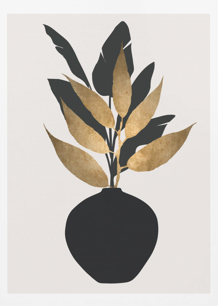 A minimalist framed artwork featuring a black vase holding a plant with both black silhouette leaves and textured gold leaves, set against a simple off-white background. Wall Art