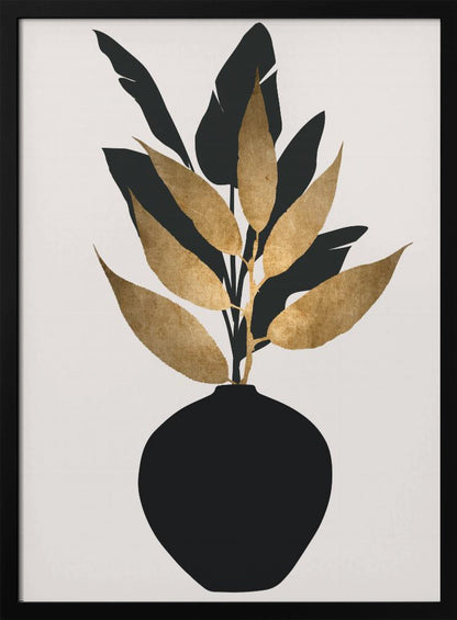 A minimalist framed artwork featuring a black vase holding a plant with both black silhouette leaves and textured gold leaves, set against a simple off-white background. Wall Art