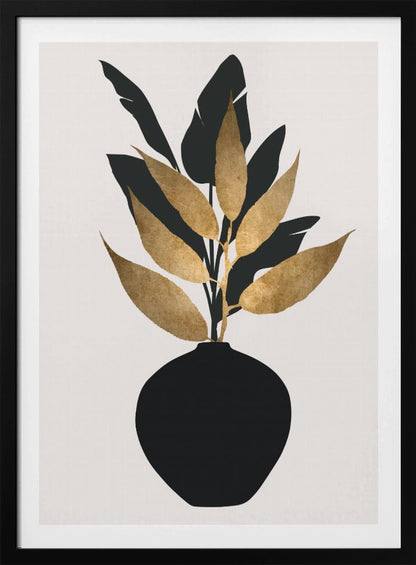 A minimalist framed artwork featuring a black vase holding a plant with both black silhouette leaves and textured gold leaves, set against a simple off-white background. Wall Art