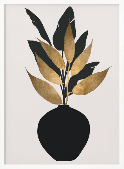 A minimalist framed artwork featuring a black vase holding a plant with both black silhouette leaves and textured gold leaves, set against a simple off-white background. Wall Art