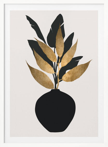 A minimalist framed artwork featuring a black vase holding a plant with both black silhouette leaves and textured gold leaves, set against a simple off-white background. Wall Art