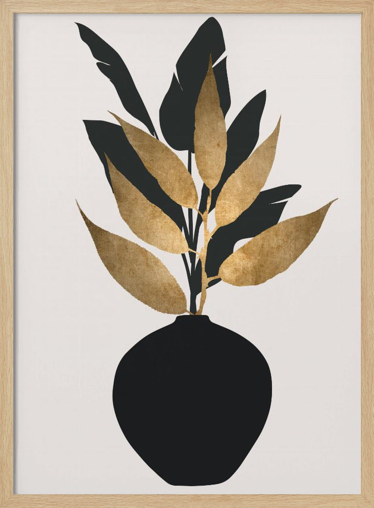 A minimalist framed artwork featuring a black vase holding a plant with both black silhouette leaves and textured gold leaves, set against a simple off-white background. Wall Art