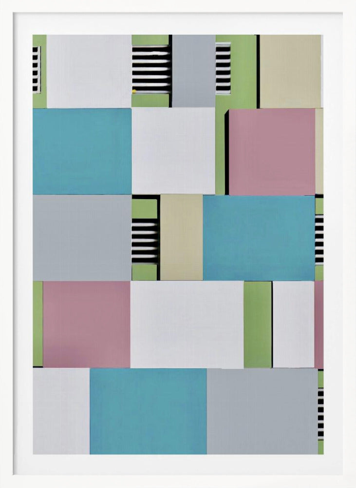 An abstract geometric artwork featuring a collage of rectangular blocks in pastel shades of blue, pink, grey, green, and white, with sections of black and white horizontal stripes, all enclosed in a thin black frame. Decor