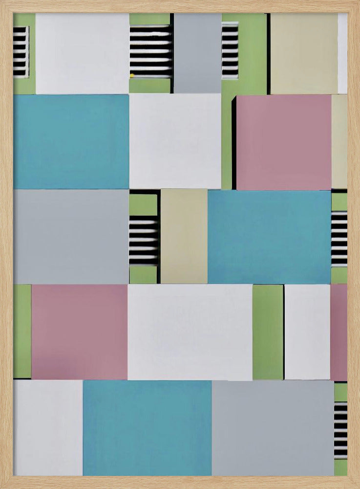 An abstract geometric artwork featuring a collage of rectangular blocks in pastel shades of blue, pink, grey, green, and white, with sections of black and white horizontal stripes, all enclosed in a thin black frame. Decor