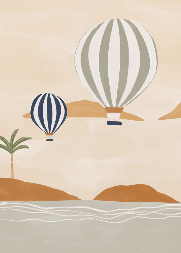 A modern illustration of two striped hot air balloons floating over a calm sea and rolling terracotta hills. The larger balloon is sage green and white, while the smaller one is dark blue and white. A single palm tree stands on the shore under a soft beige sky. Print