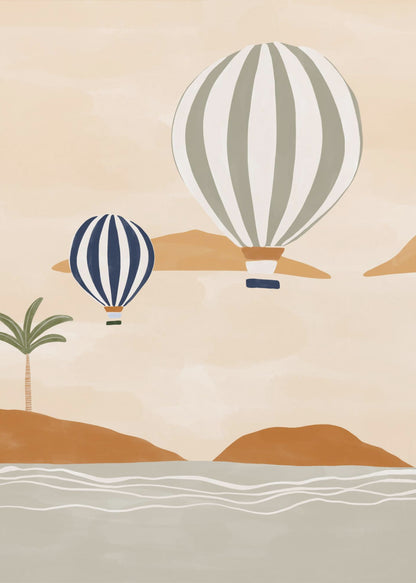 A modern illustration of two striped hot air balloons floating over a calm sea and rolling terracotta hills. The larger balloon is sage green and white, while the smaller one is dark blue and white. A single palm tree stands on the shore under a soft beige sky. Print