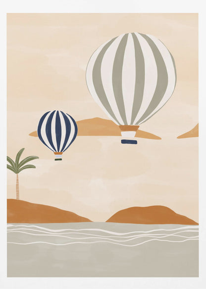 A modern illustration of two striped hot air balloons floating over a calm sea and rolling terracotta hills. The larger balloon is sage green and white, while the smaller one is dark blue and white. A single palm tree stands on the shore under a soft beige sky. Print