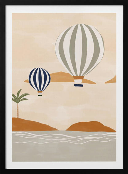 A modern illustration of two striped hot air balloons floating over a calm sea and rolling terracotta hills. The larger balloon is sage green and white, while the smaller one is dark blue and white. A single palm tree stands on the shore under a soft beige sky. Print