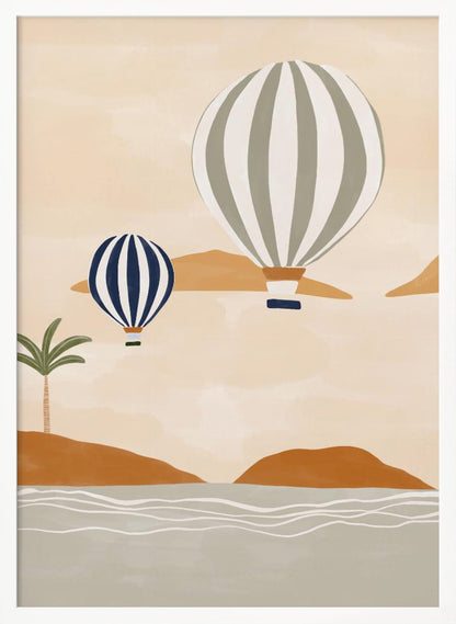 A modern illustration of two striped hot air balloons floating over a calm sea and rolling terracotta hills. The larger balloon is sage green and white, while the smaller one is dark blue and white. A single palm tree stands on the shore under a soft beige sky. Print
