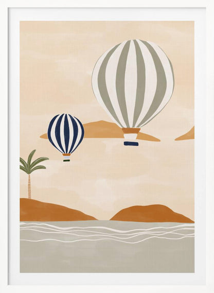 A modern illustration of two striped hot air balloons floating over a calm sea and rolling terracotta hills. The larger balloon is sage green and white, while the smaller one is dark blue and white. A single palm tree stands on the shore under a soft beige sky. Print