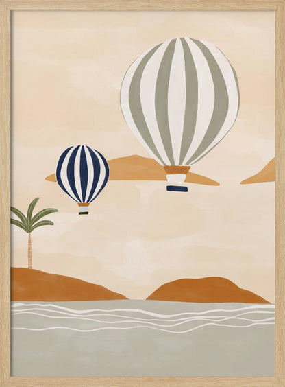 A modern illustration of two striped hot air balloons floating over a calm sea and rolling terracotta hills. The larger balloon is sage green and white, while the smaller one is dark blue and white. A single palm tree stands on the shore under a soft beige sky. Print