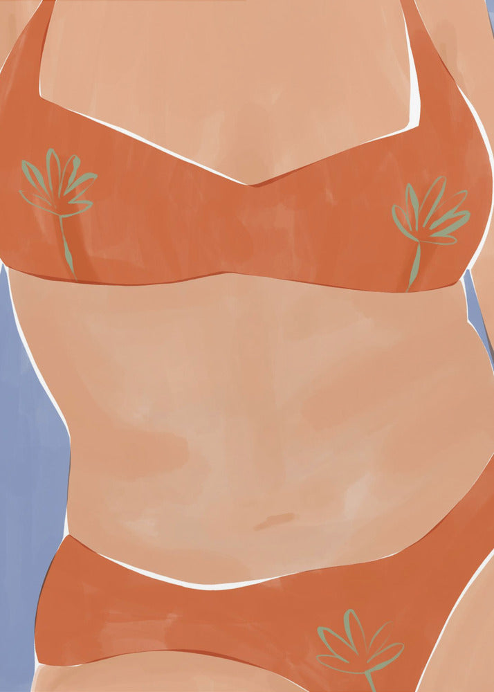 A minimalist illustration of a woman's torso wearing a vibrant orange bikini with small green palm leaf patterns. Her tan skin is set against a solid light blue background, and the artwork has a clean, painterly style. Poster