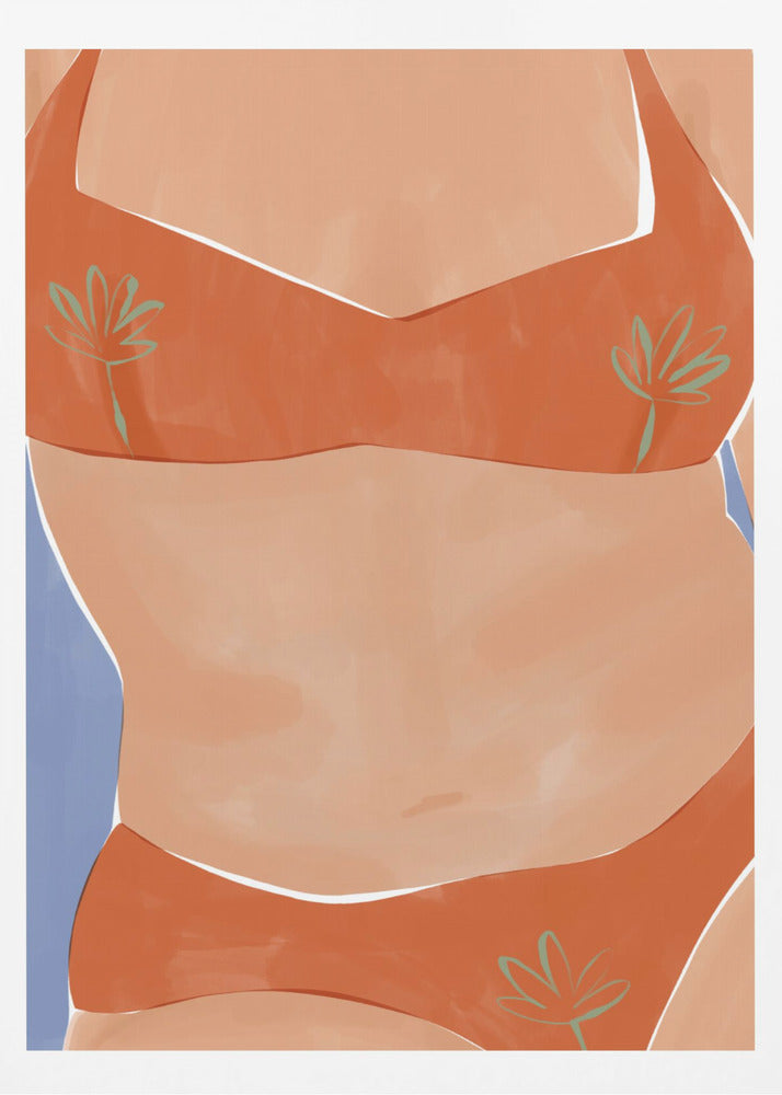 A minimalist illustration of a woman's torso wearing a vibrant orange bikini with small green palm leaf patterns. Her tan skin is set against a solid light blue background, and the artwork has a clean, painterly style. Poster