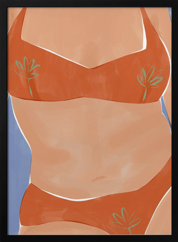 A minimalist illustration of a woman's torso wearing a vibrant orange bikini with small green palm leaf patterns. Her tan skin is set against a solid light blue background, and the artwork has a clean, painterly style. Poster