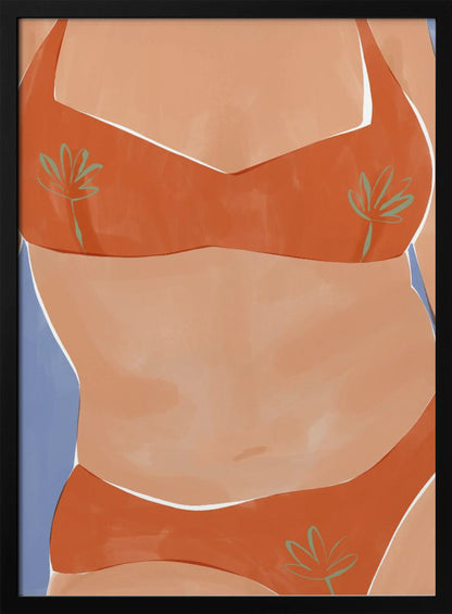 A minimalist illustration of a woman's torso wearing a vibrant orange bikini with small green palm leaf patterns. Her tan skin is set against a solid light blue background, and the artwork has a clean, painterly style. Poster