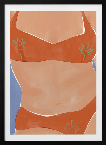 A minimalist illustration of a woman's torso wearing a vibrant orange bikini with small green palm leaf patterns. Her tan skin is set against a solid light blue background, and the artwork has a clean, painterly style. Poster