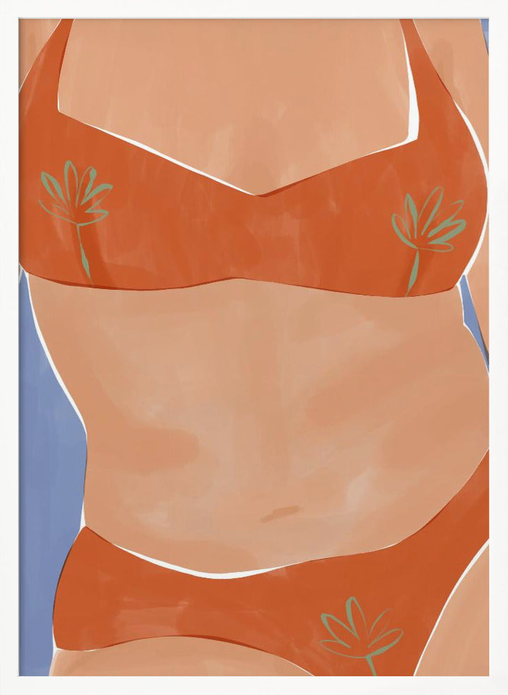 A minimalist illustration of a woman's torso wearing a vibrant orange bikini with small green palm leaf patterns. Her tan skin is set against a solid light blue background, and the artwork has a clean, painterly style. Poster