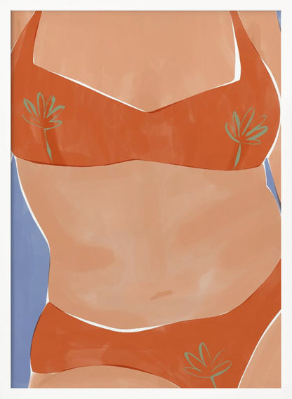 A minimalist illustration of a woman's torso wearing a vibrant orange bikini with small green palm leaf patterns. Her tan skin is set against a solid light blue background, and the artwork has a clean, painterly style. Poster