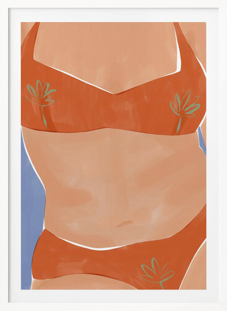 A minimalist illustration of a woman's torso wearing a vibrant orange bikini with small green palm leaf patterns. Her tan skin is set against a solid light blue background, and the artwork has a clean, painterly style. Poster