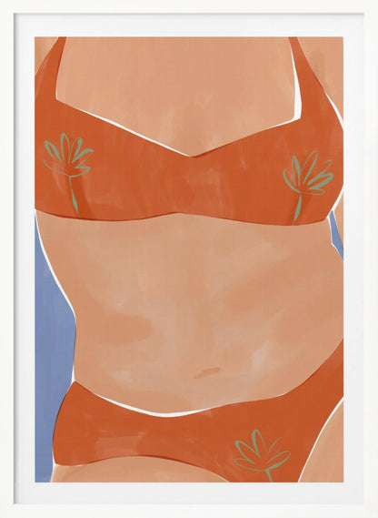 A minimalist illustration of a woman's torso wearing a vibrant orange bikini with small green palm leaf patterns. Her tan skin is set against a solid light blue background, and the artwork has a clean, painterly style. Poster