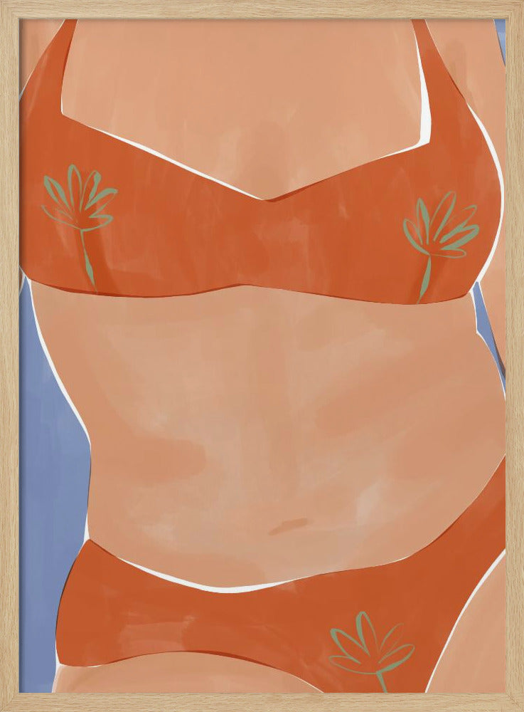A minimalist illustration of a woman's torso wearing a vibrant orange bikini with small green palm leaf patterns. Her tan skin is set against a solid light blue background, and the artwork has a clean, painterly style. Poster