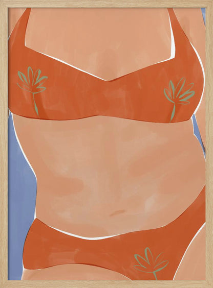 A minimalist illustration of a woman's torso wearing a vibrant orange bikini with small green palm leaf patterns. Her tan skin is set against a solid light blue background, and the artwork has a clean, painterly style. Poster