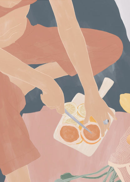 A minimalist, color-blocked illustration showing a person from an overhead view, wearing rust-colored clothes while slicing oranges and lemons on a white cutting board. The scene is set against a background of deep blue and soft pink. Print