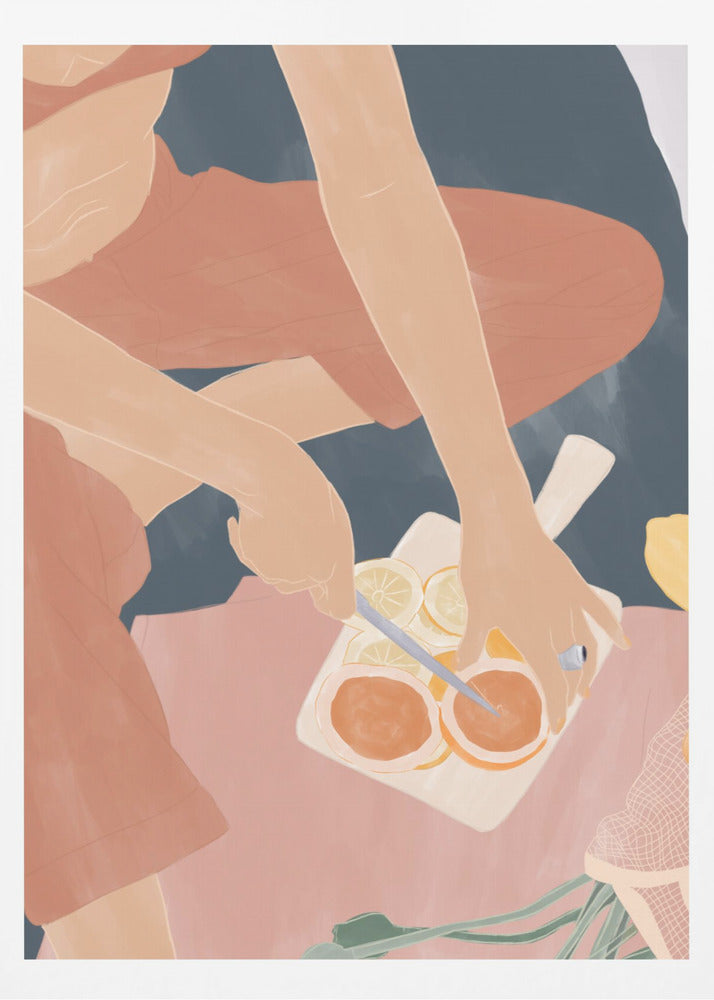 A minimalist, color-blocked illustration showing a person from an overhead view, wearing rust-colored clothes while slicing oranges and lemons on a white cutting board. The scene is set against a background of deep blue and soft pink. Print