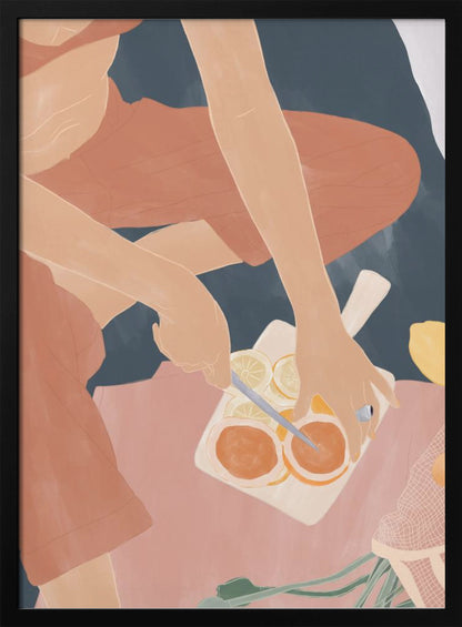 A minimalist, color-blocked illustration showing a person from an overhead view, wearing rust-colored clothes while slicing oranges and lemons on a white cutting board. The scene is set against a background of deep blue and soft pink. Print
