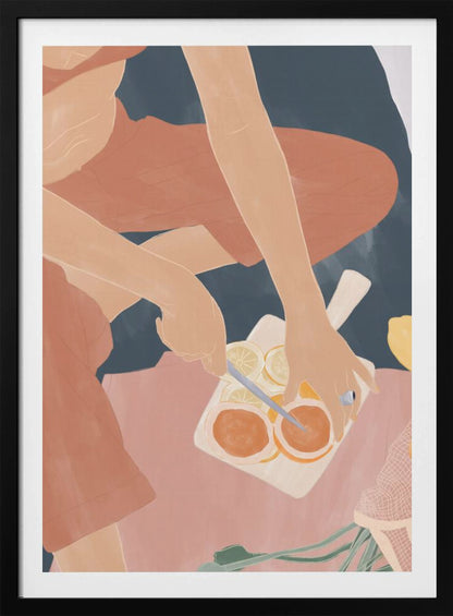 A minimalist, color-blocked illustration showing a person from an overhead view, wearing rust-colored clothes while slicing oranges and lemons on a white cutting board. The scene is set against a background of deep blue and soft pink. Print