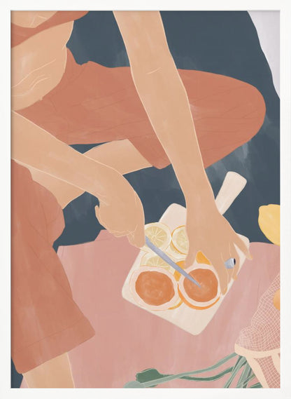 A minimalist, color-blocked illustration showing a person from an overhead view, wearing rust-colored clothes while slicing oranges and lemons on a white cutting board. The scene is set against a background of deep blue and soft pink. Print