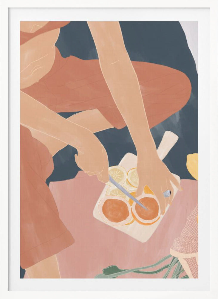 A minimalist, color-blocked illustration showing a person from an overhead view, wearing rust-colored clothes while slicing oranges and lemons on a white cutting board. The scene is set against a background of deep blue and soft pink. Print