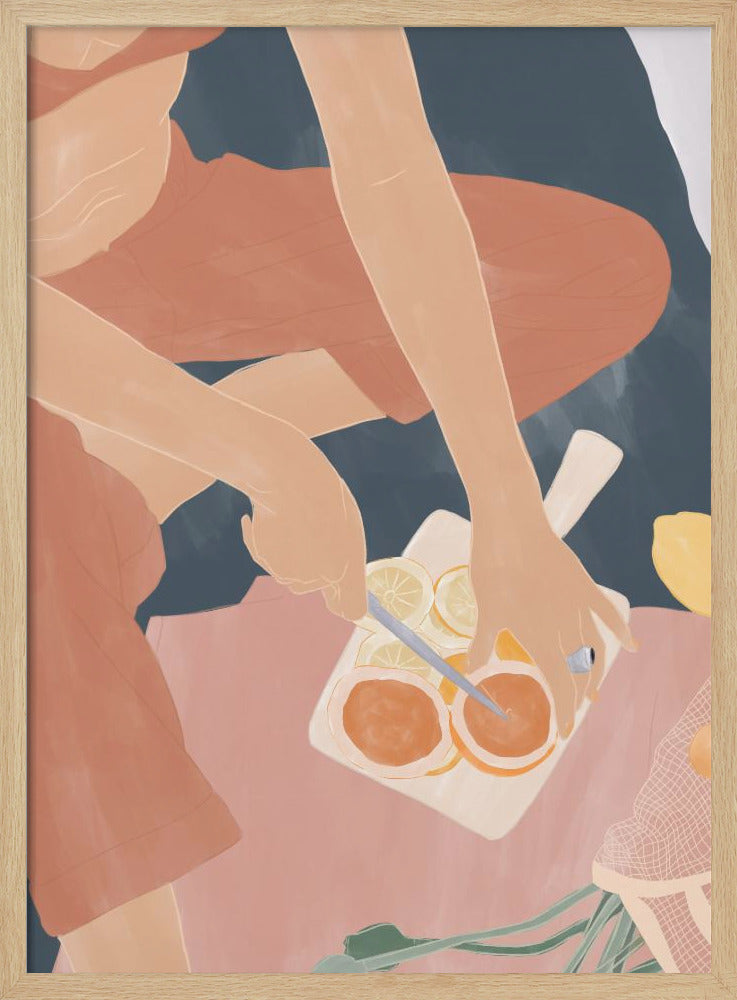 A minimalist, color-blocked illustration showing a person from an overhead view, wearing rust-colored clothes while slicing oranges and lemons on a white cutting board. The scene is set against a background of deep blue and soft pink. Print