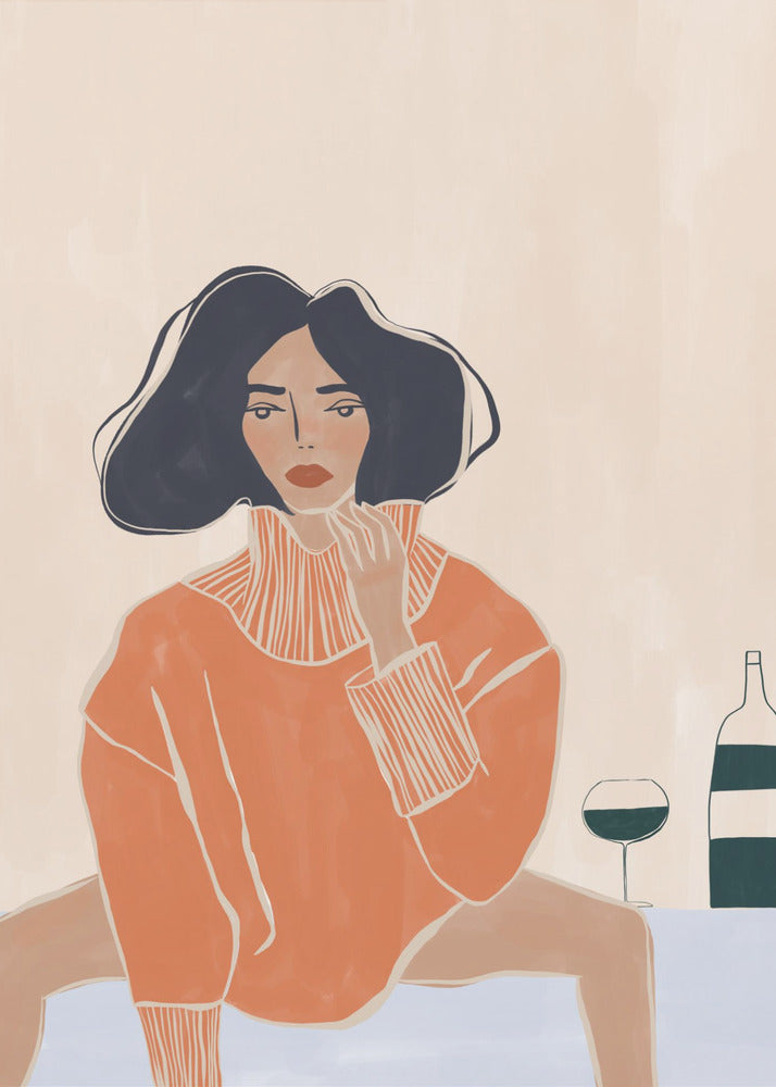 A stylized illustration of a woman with dark wavy hair and red lips, wearing an oversized orange turtleneck sweater. She sits at a light blue table, gazing forward with one hand near her chin. Beside her are a glass and a bottle of wine. The background is a solid cream color. Decor