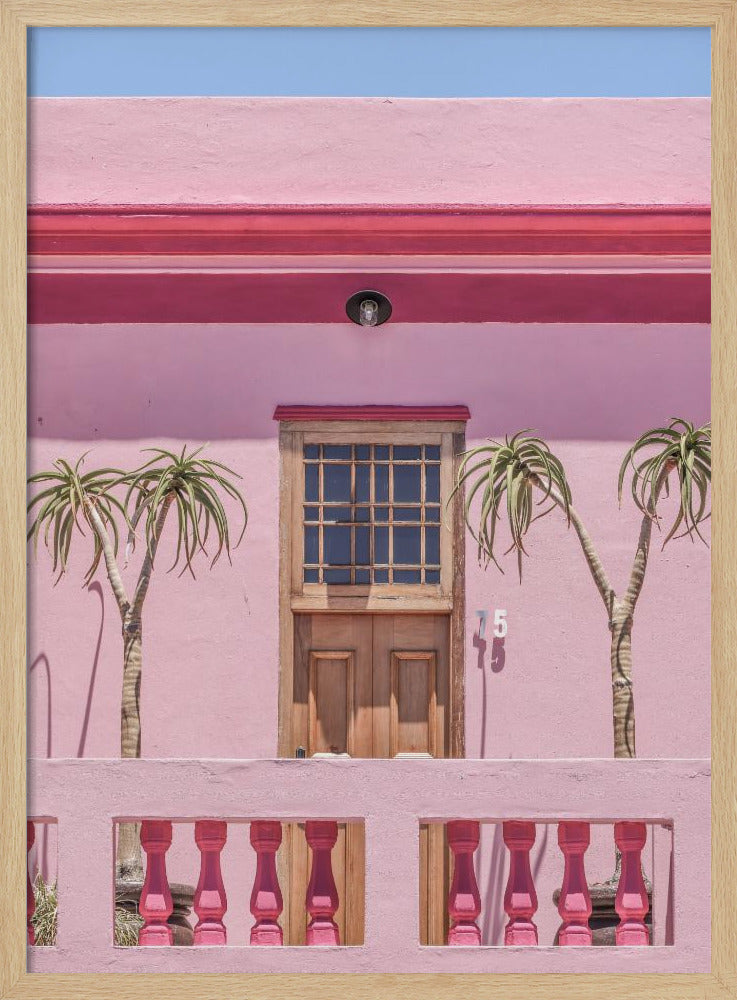 A brightly colored pink building stands under a clear blue sky, framed in black. A central wooden door with a paned window is flanked by two slender, palm-like trees. In the foreground, a pink balcony wall features fuchsia-colored balusters. Decor