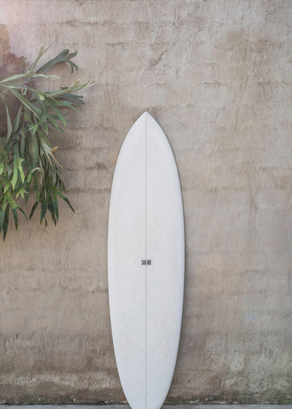 A minimalist photograph of a white surfboard leaning against a textured beige concrete wall. To the left, a large green staghorn fern adds a touch of nature. The entire scene is enclosed in a simple black frame. Artwork