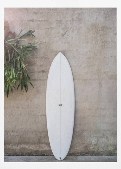 A minimalist photograph of a white surfboard leaning against a textured beige concrete wall. To the left, a large green staghorn fern adds a touch of nature. The entire scene is enclosed in a simple black frame. Artwork
