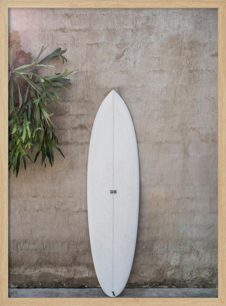 A minimalist photograph of a white surfboard leaning against a textured beige concrete wall. To the left, a large green staghorn fern adds a touch of nature. The entire scene is enclosed in a simple black frame. Artwork