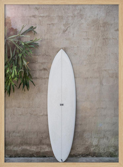 A minimalist photograph of a white surfboard leaning against a textured beige concrete wall. To the left, a large green staghorn fern adds a touch of nature. The entire scene is enclosed in a simple black frame. Artwork