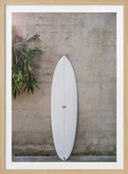 A minimalist photograph of a white surfboard leaning against a textured beige concrete wall. To the left, a large green staghorn fern adds a touch of nature. The entire scene is enclosed in a simple black frame. Artwork