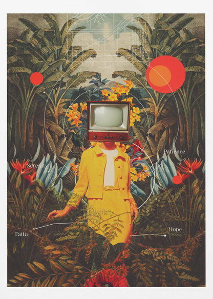 A surreal vintage-style collage of a person with a retro television for a head, wearing a bright yellow suit. They stand amidst a lush tropical jungle of green leaves and colorful flowers. Abstract elements like red circles and white lines connect to the words 'Patience', 'Serenity', 'Hope', and 'Faith'. Poster