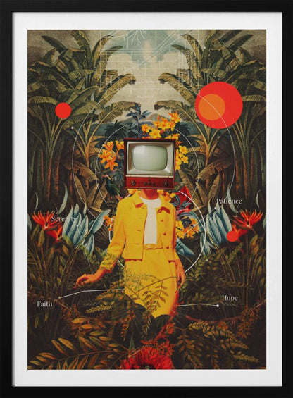 A surreal vintage-style collage of a person with a retro television for a head, wearing a bright yellow suit. They stand amidst a lush tropical jungle of green leaves and colorful flowers. Abstract elements like red circles and white lines connect to the words 'Patience', 'Serenity', 'Hope', and 'Faith'. Poster