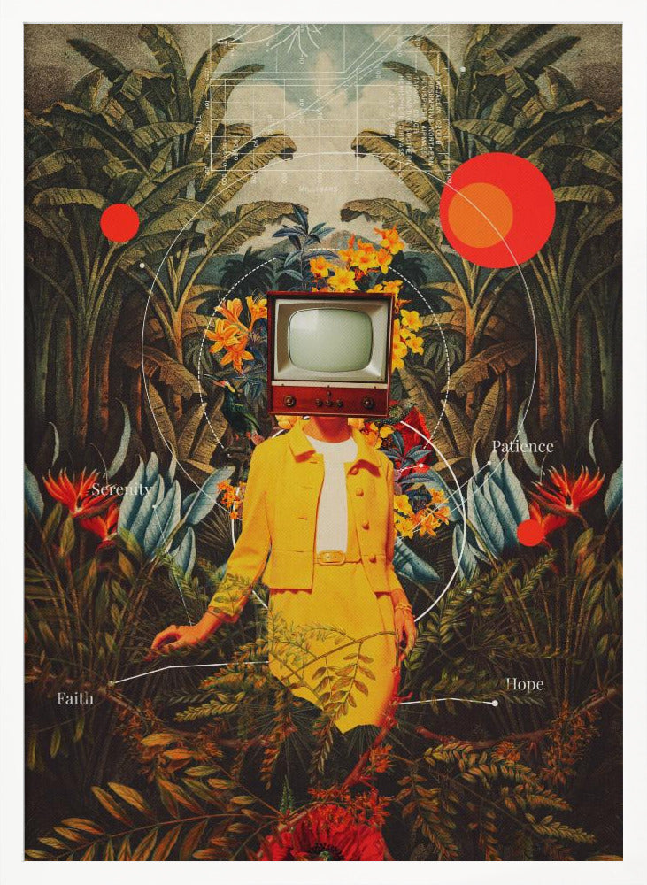 A surreal vintage-style collage of a person with a retro television for a head, wearing a bright yellow suit. They stand amidst a lush tropical jungle of green leaves and colorful flowers. Abstract elements like red circles and white lines connect to the words 'Patience', 'Serenity', 'Hope', and 'Faith'. Poster