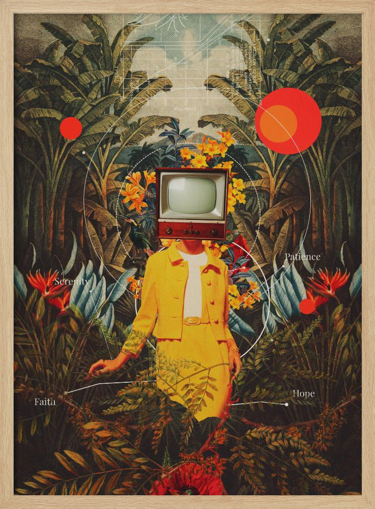 A surreal vintage-style collage of a person with a retro television for a head, wearing a bright yellow suit. They stand amidst a lush tropical jungle of green leaves and colorful flowers. Abstract elements like red circles and white lines connect to the words 'Patience', 'Serenity', 'Hope', and 'Faith'. Poster