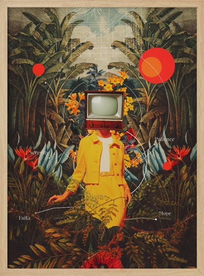 A surreal vintage-style collage of a person with a retro television for a head, wearing a bright yellow suit. They stand amidst a lush tropical jungle of green leaves and colorful flowers. Abstract elements like red circles and white lines connect to the words 'Patience', 'Serenity', 'Hope', and 'Faith'. Poster
