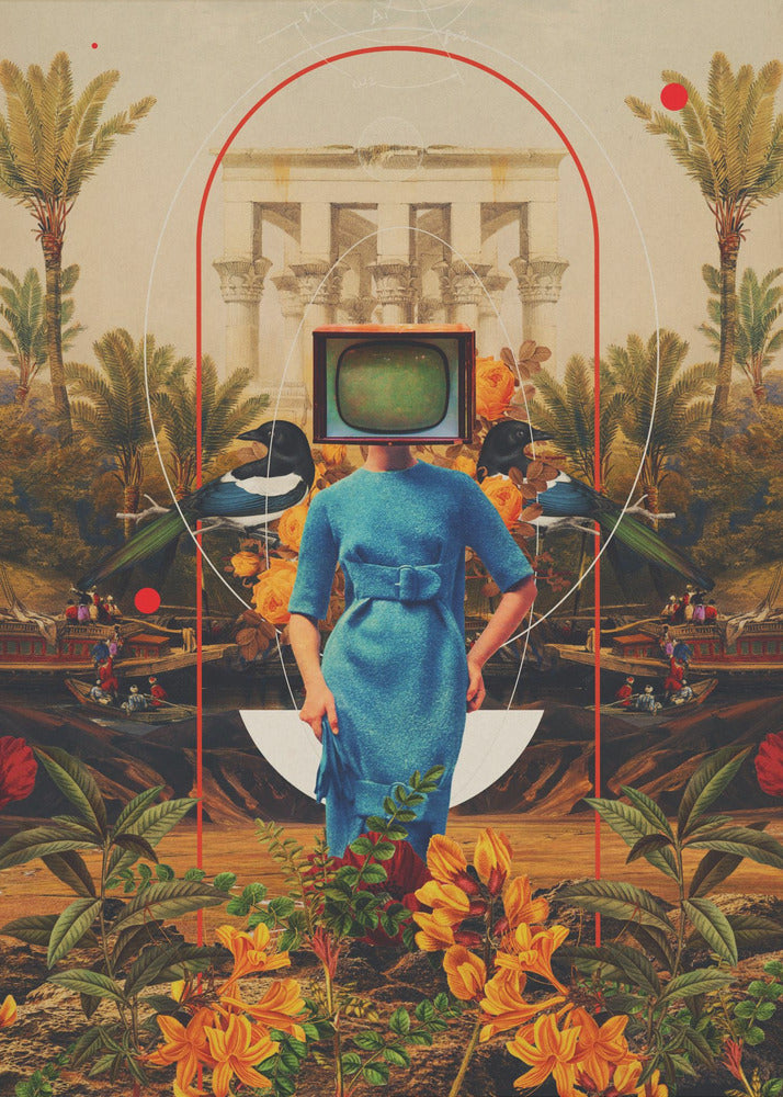 A surreal collage featuring a woman in a vintage blue dress with a retro television for a head. She stands in a lush landscape with palm trees, classical architecture, and magpies, framed by abstract red and white arches. The foreground is filled with vibrant orange and yellow flowers. Artwork
