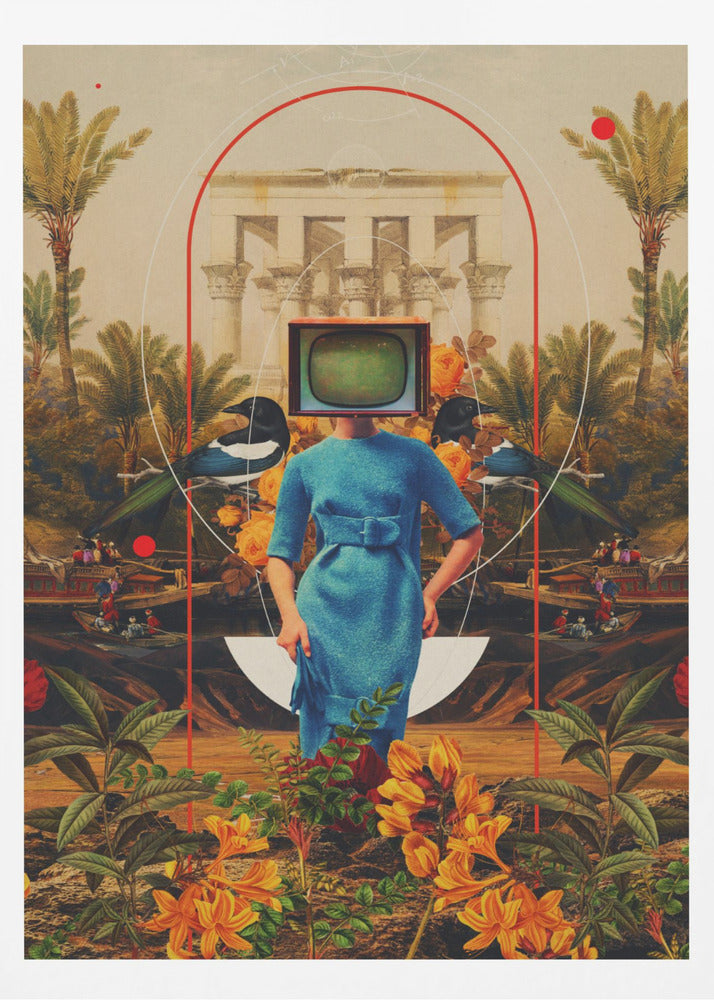 A surreal collage featuring a woman in a vintage blue dress with a retro television for a head. She stands in a lush landscape with palm trees, classical architecture, and magpies, framed by abstract red and white arches. The foreground is filled with vibrant orange and yellow flowers. Artwork