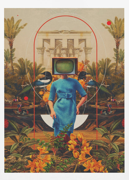 A surreal collage featuring a woman in a vintage blue dress with a retro television for a head. She stands in a lush landscape with palm trees, classical architecture, and magpies, framed by abstract red and white arches. The foreground is filled with vibrant orange and yellow flowers. Artwork