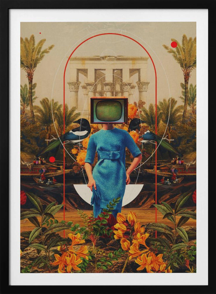 A surreal collage featuring a woman in a vintage blue dress with a retro television for a head. She stands in a lush landscape with palm trees, classical architecture, and magpies, framed by abstract red and white arches. The foreground is filled with vibrant orange and yellow flowers. Artwork